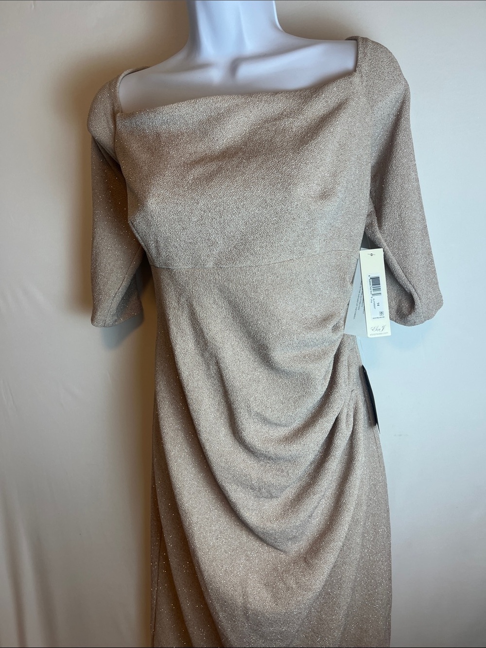 Eliza J Shimmery Taupe Midi Dress with Draped Front
